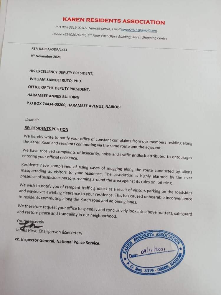 Karen residents write to DP Ruto over disturbance