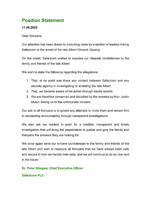 Safaricom denies involvement in Albert Ojwang’s arrest