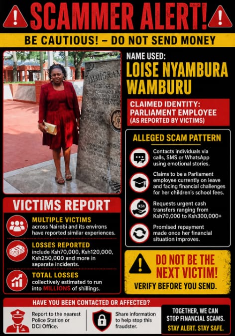 Infographic outlining claims from multiple complainants linking a woman identified as Loise Nyambura to an alleged cash solicitation scheme across Nairobi and Kiambu County.