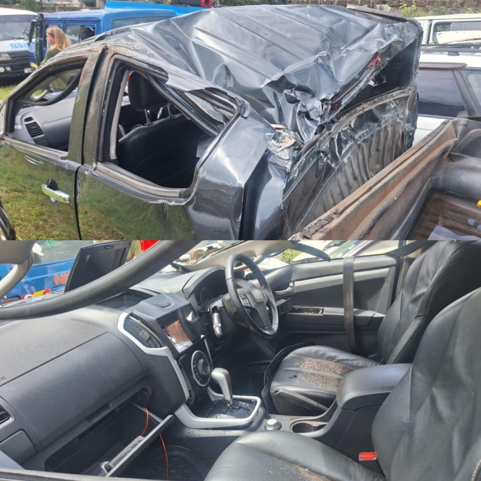 The Isuzu double cabin pickup registration KCQ 222X, which overturned multiple times along Ngong Road in Nairobi during the fatal crash involving two Ugandan students.