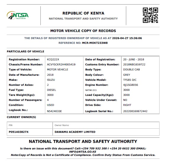NTSA vehicle records dated 27 April 2026 confirm that registration number KCQ222X, the double cab involved in the fatal crash, is owned by Dawamu Academy Limited.