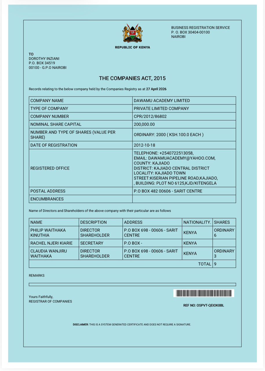 A Business Registration Service extract dated 27 April 2026 shows Dawamu Academy Limited with Philip Waithaka Kinuthia listed as a director and majority shareholder.